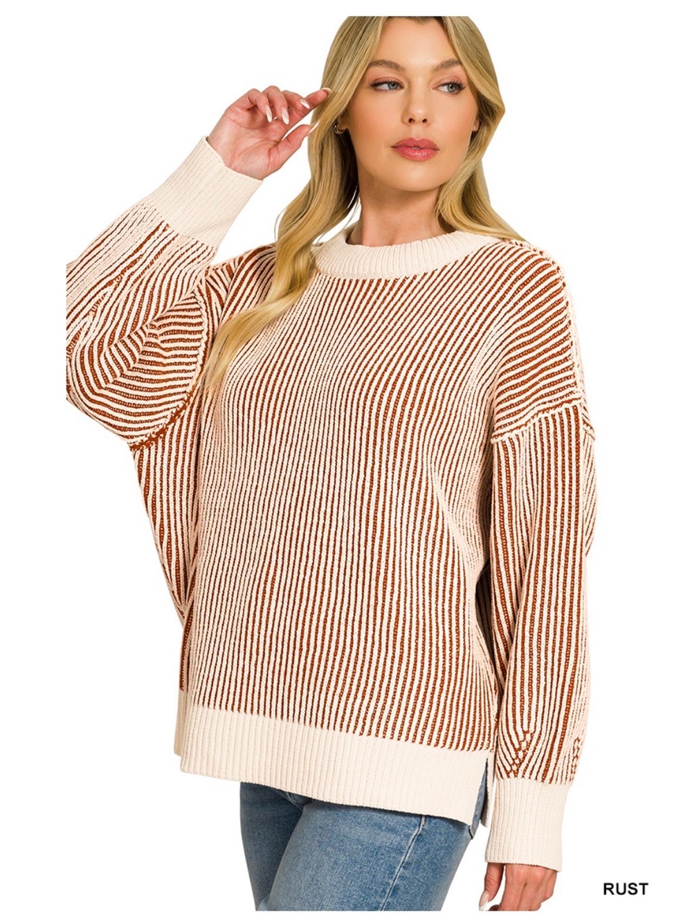 Zenana Outfitters Rust and Cream Striped Crewneck Sweater